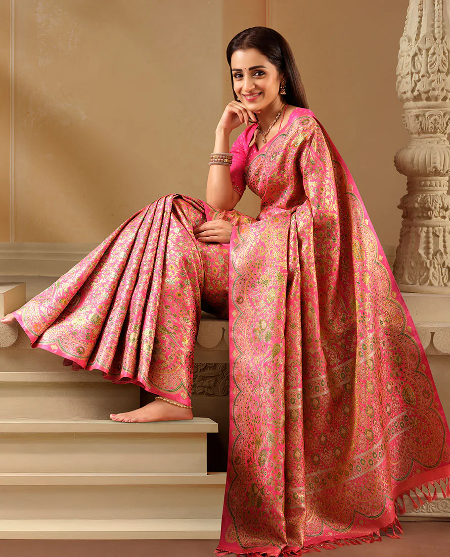 Pink floral jaal meenakari jacquard Samudrika silk saree, scallop zari floral creeper design & meenakari floral design pallu - Image 3