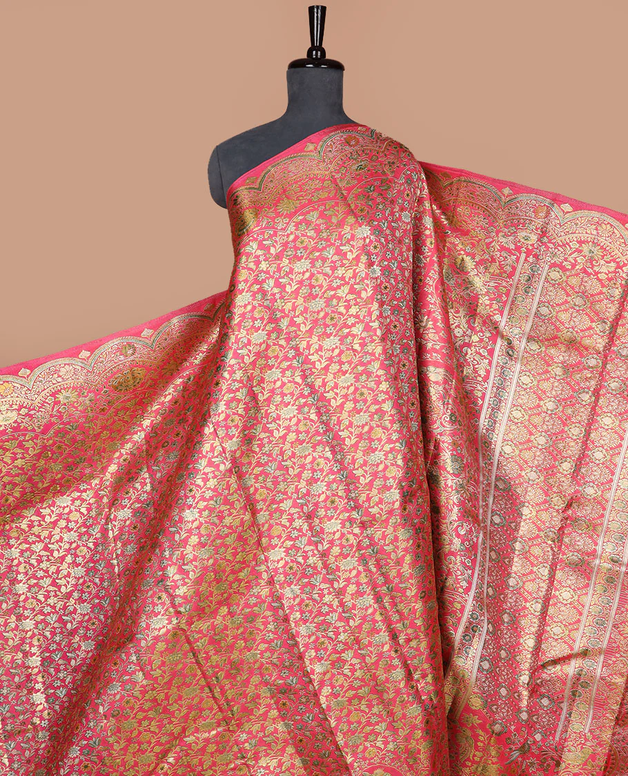 Pink floral jaal meenakari jacquard Samudrika silk saree, scallop zari floral creeper design & meenakari floral design pallu - Image 4