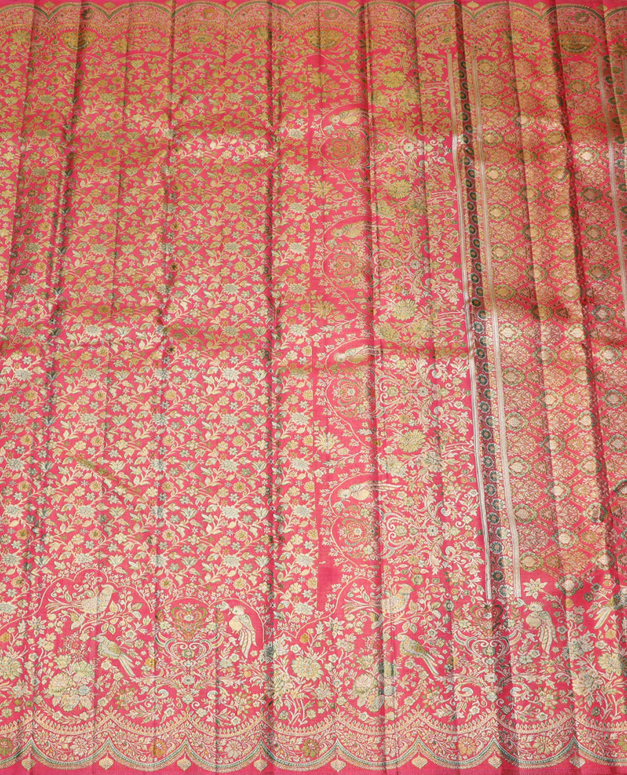 Pink floral jaal meenakari jacquard Samudrika silk saree, scallop zari floral creeper design & meenakari floral design pallu - Image 5