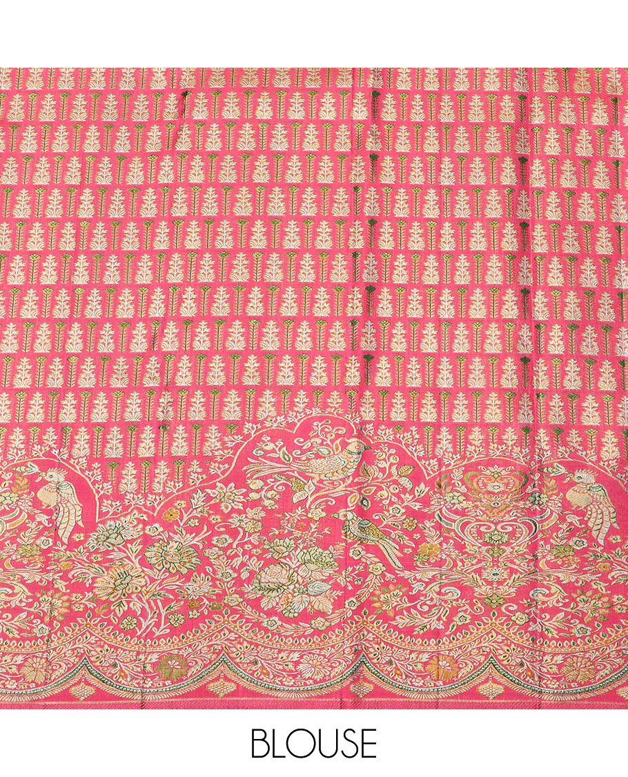 Pink floral jaal meenakari jacquard Samudrika silk saree, scallop zari floral creeper design & meenakari floral design pallu - Image 6