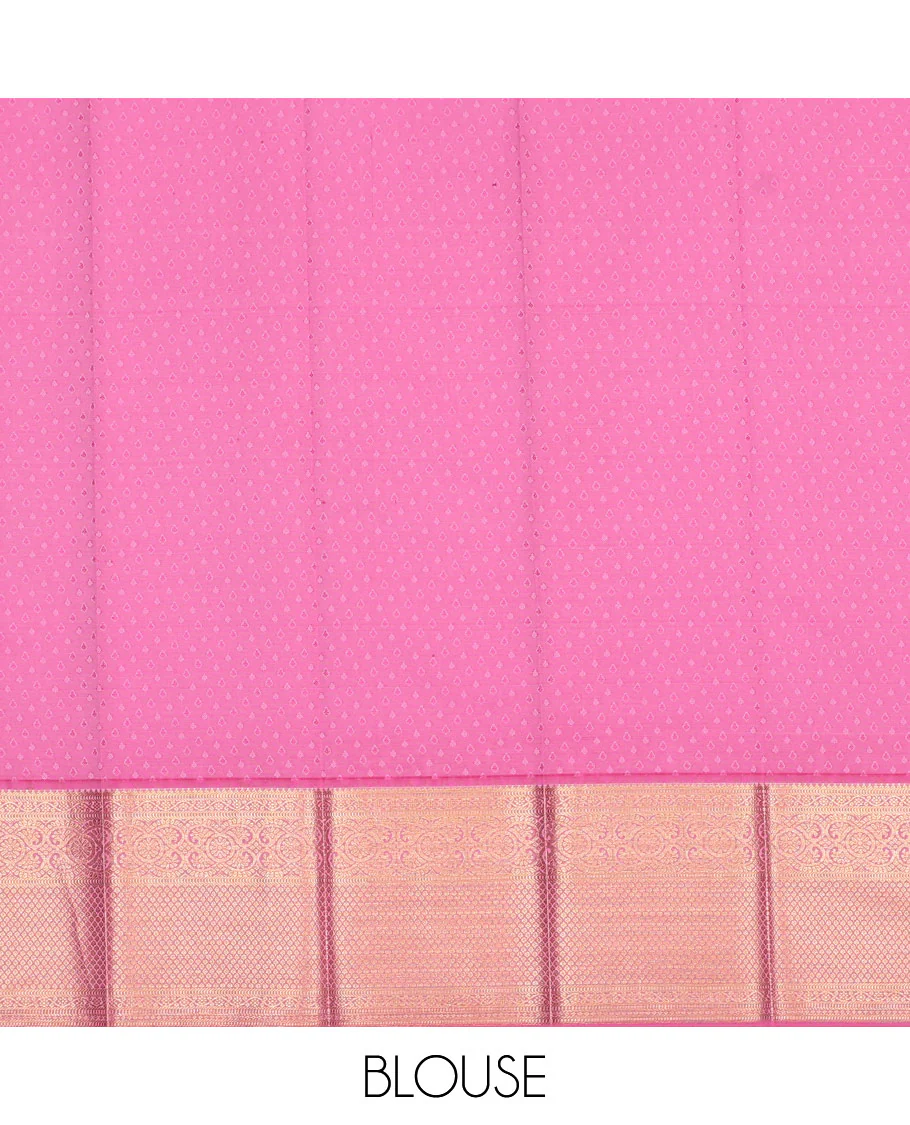 Pink floral jacquard kanchipuram wedding silk saree, contrast traditional zari design border, and jaal pallu - Image 3
