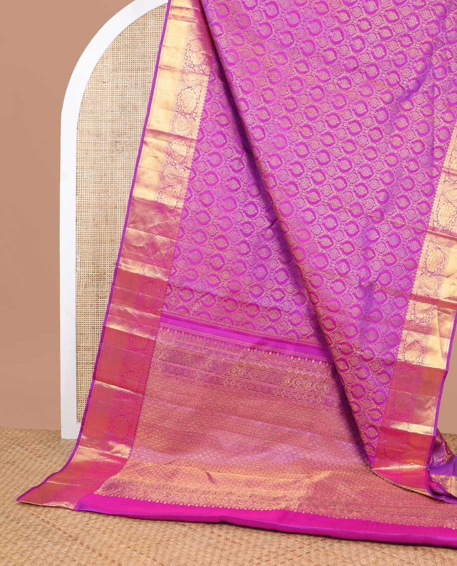 Pink floral jacquard Samudrika silk saree with self zari border of thilakam mokku, kathir, banaras design & zari design pallu - Image 3