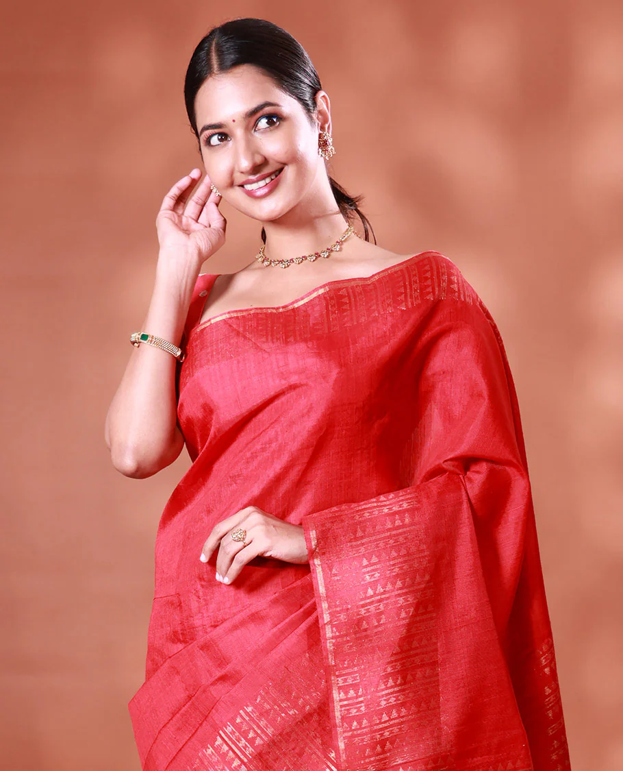 Red plain dupion silk saree, zari border and pallu of temple, and geometric designs - Image 2