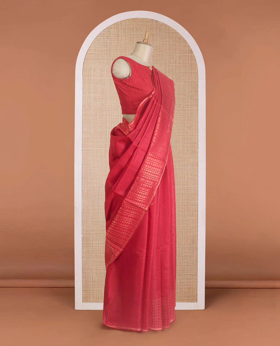 Red plain dupion silk saree, zari border and pallu of temple, and geometric designs - Image 3