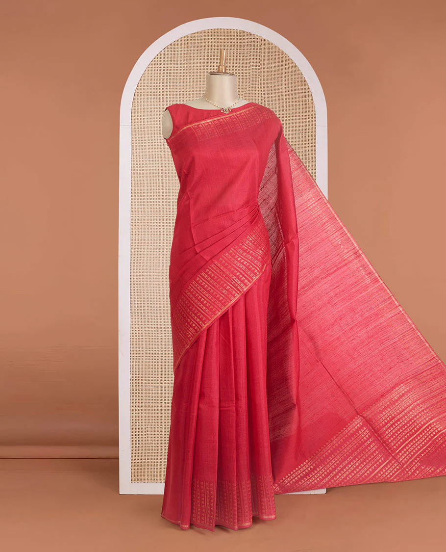 Red plain dupion silk saree, zari border and pallu of temple, and geometric designs - Image 4