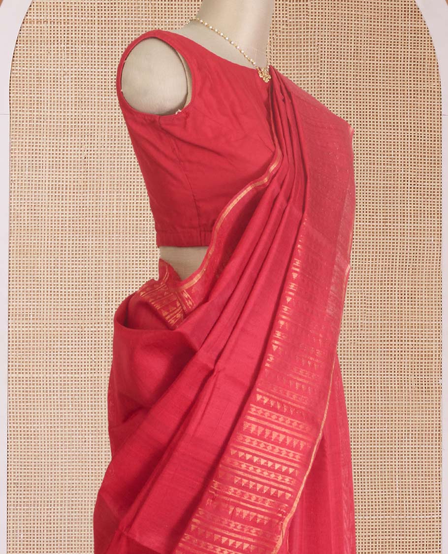 Red plain dupion silk saree, zari border and pallu of temple, and geometric designs - Image 5