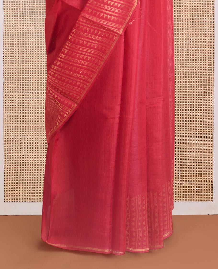 Red plain dupion silk saree, zari border and pallu of temple, and geometric designs - Image 6