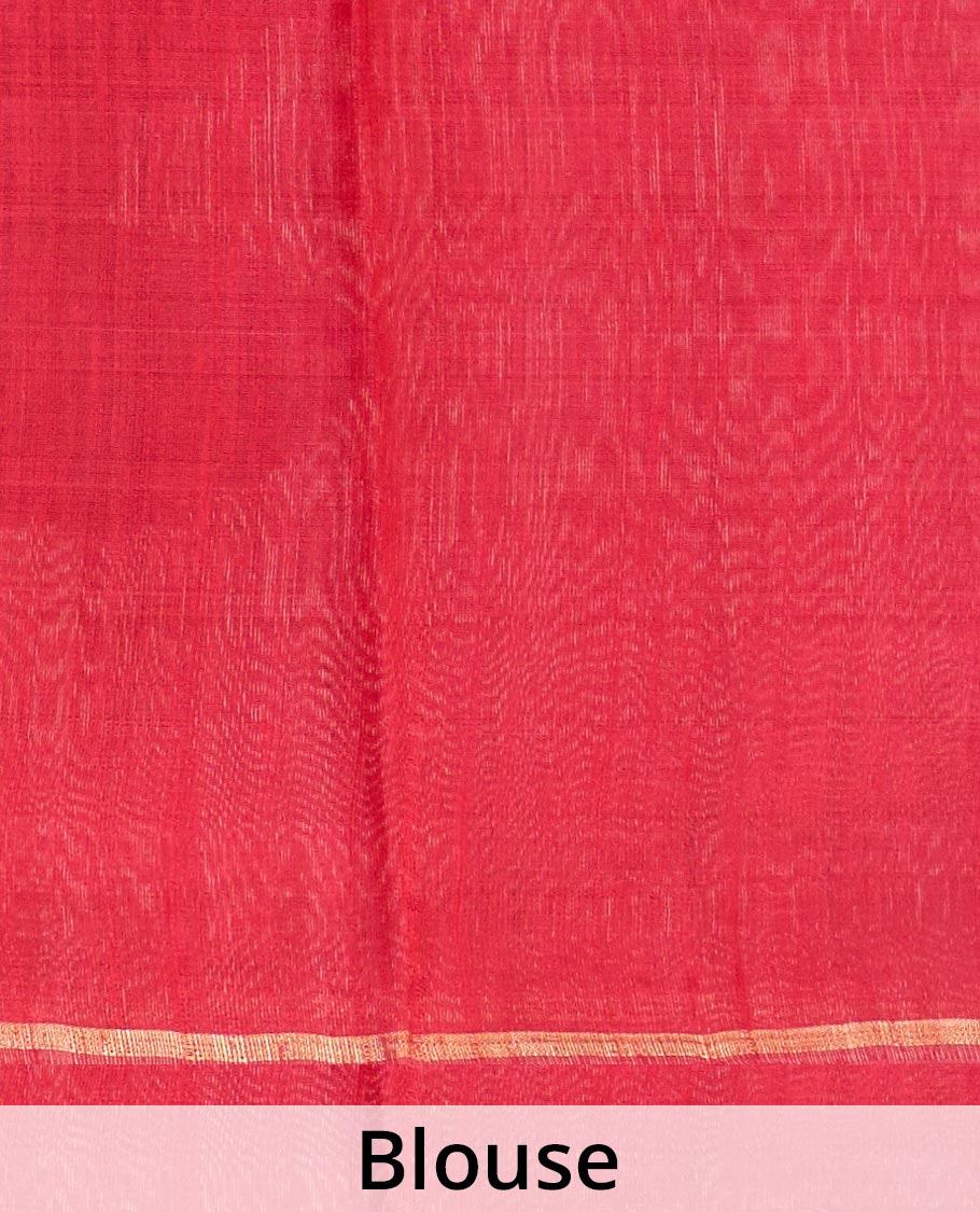 Red plain dupion silk saree, zari border and pallu of temple, and geometric designs - Image 7