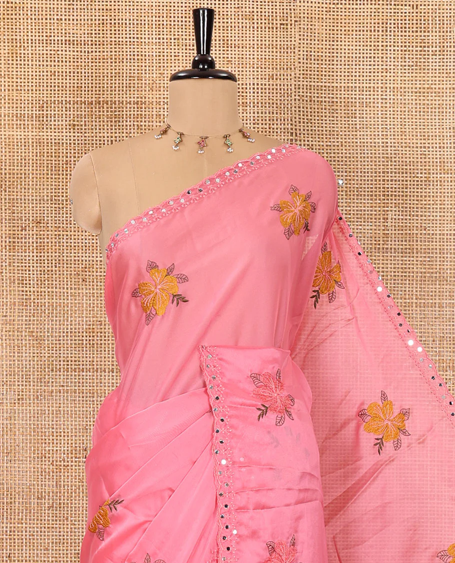Pink floral motifs embroidered rangoli chiffon saree with mirror work border, embroidered pallu, and a contrast intricate scallop design embroidered blouse - Image 2