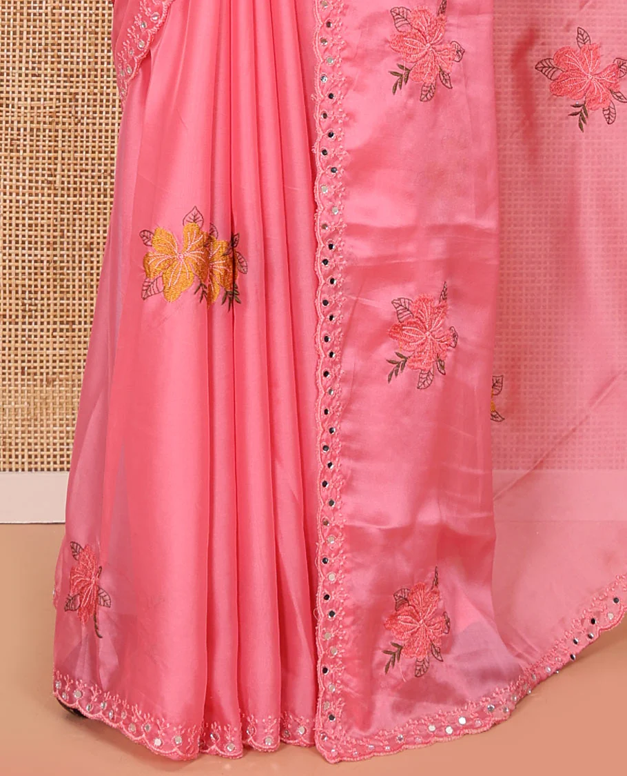Pink floral motifs embroidered rangoli chiffon saree with mirror work border, embroidered pallu, and a contrast intricate scallop design embroidered blouse - Image 3