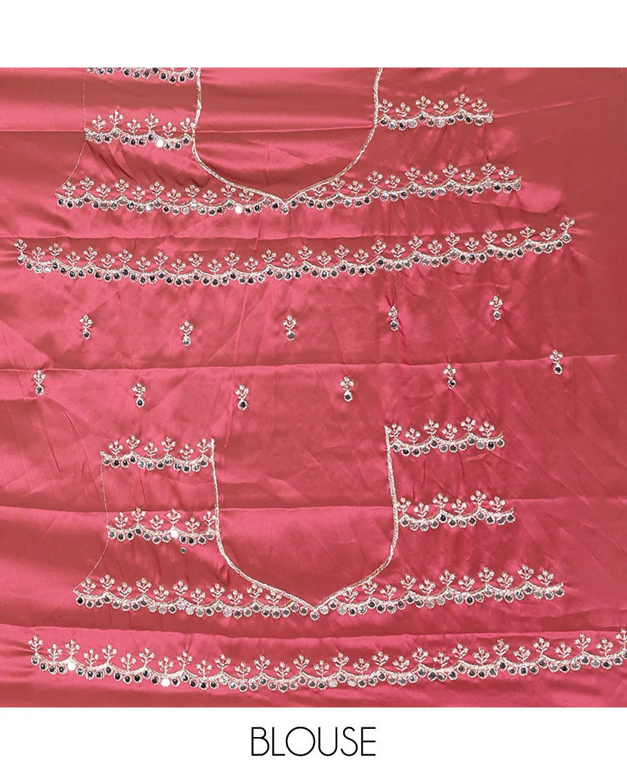 Pink floral motifs embroidered rangoli chiffon saree with mirror work border, embroidered pallu, and a contrast intricate scallop design embroidered blouse - Image 4