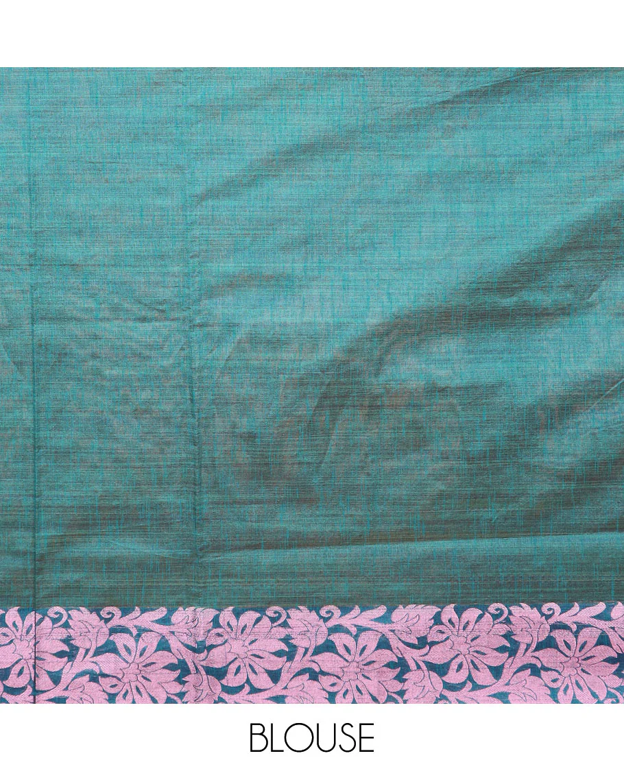 Pink floral motifs printed Andhra cotton saree, contrast floral creeper zari border, and contrast printed pallu - Image 3