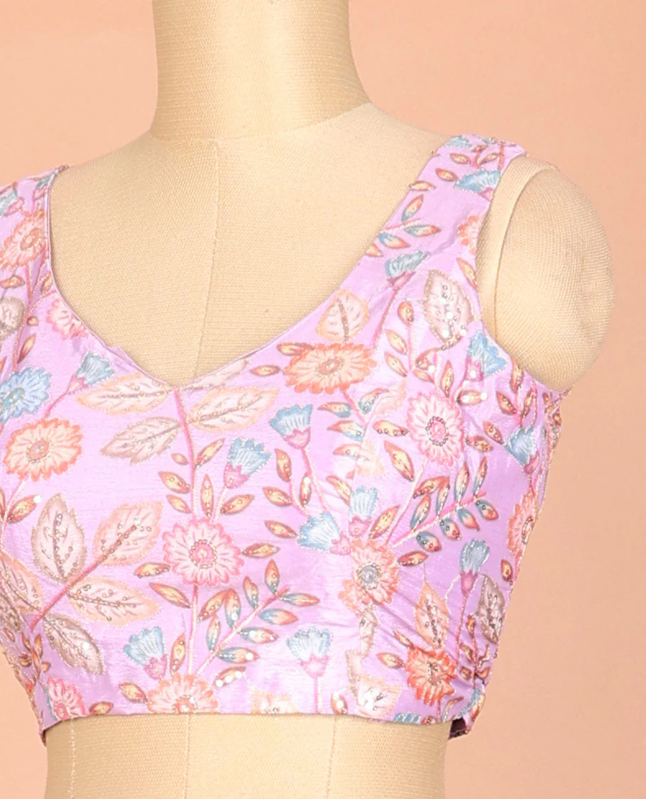 Pink floral motifs printed & embroidered front and back leaf-neck sleeveless readymade blouse - Image 2