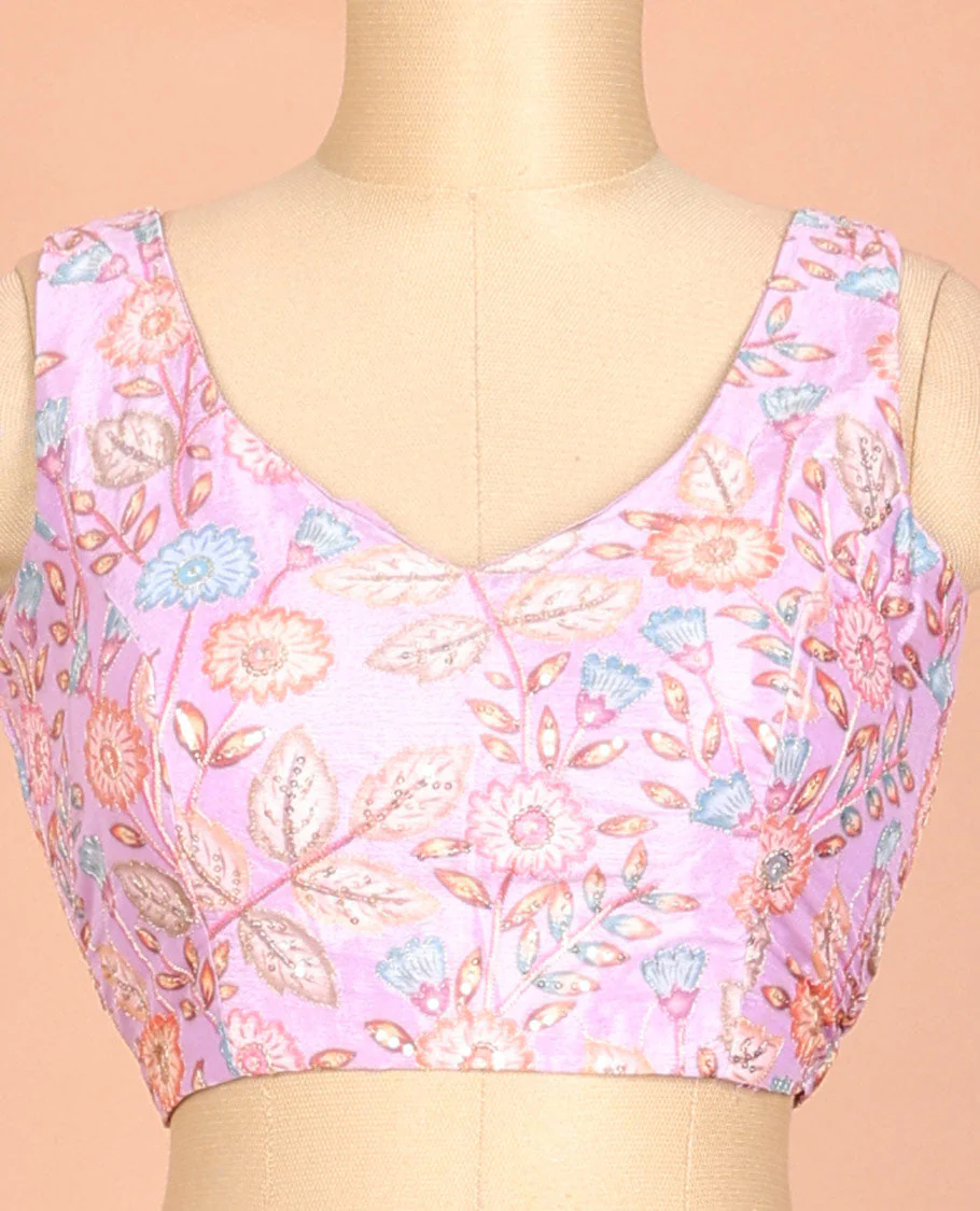 Pink floral motifs printed & embroidered front and back leaf-neck sleeveless readymade blouse - Image 3
