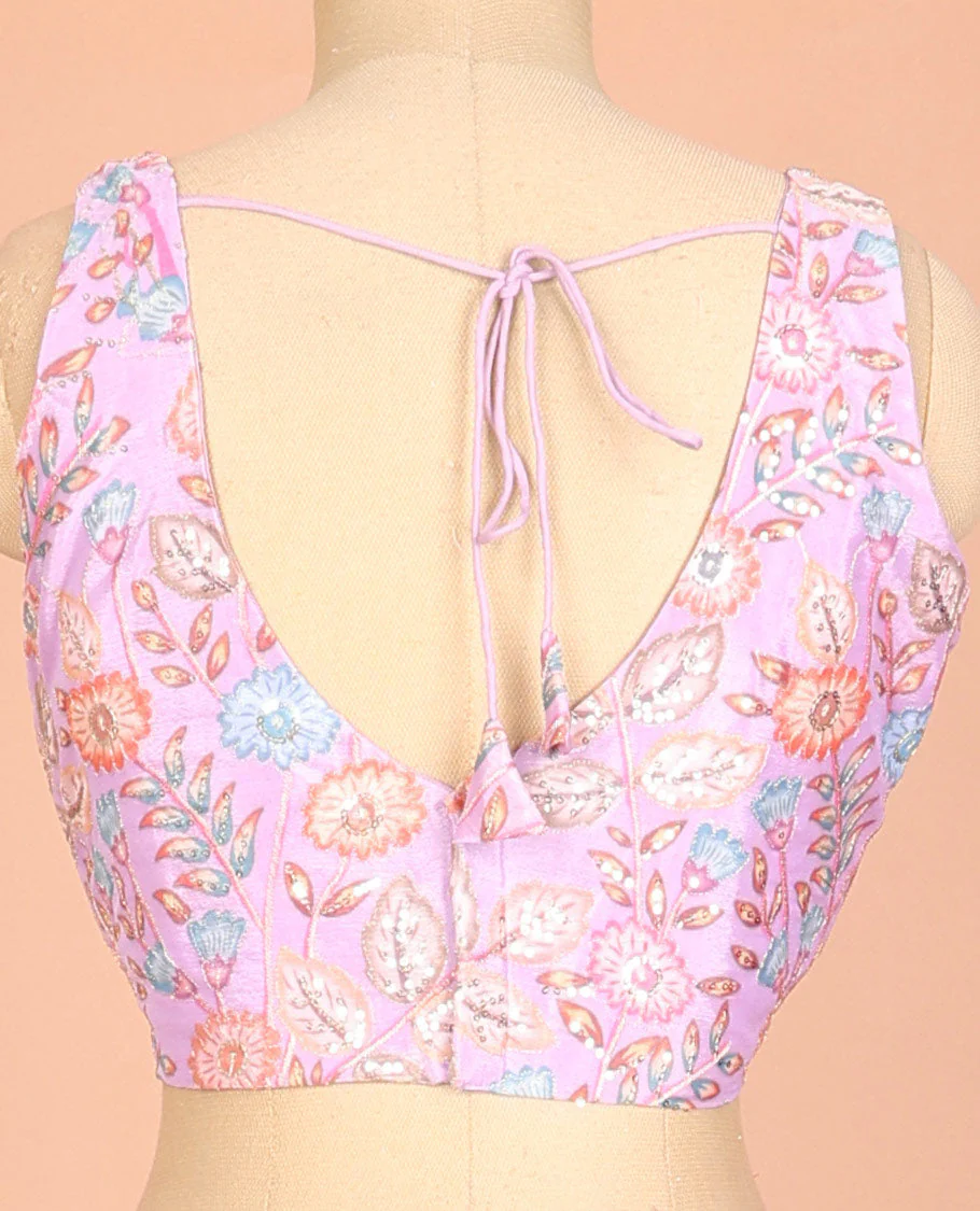 Pink floral motifs printed & embroidered front and back leaf-neck sleeveless readymade blouse - Image 4