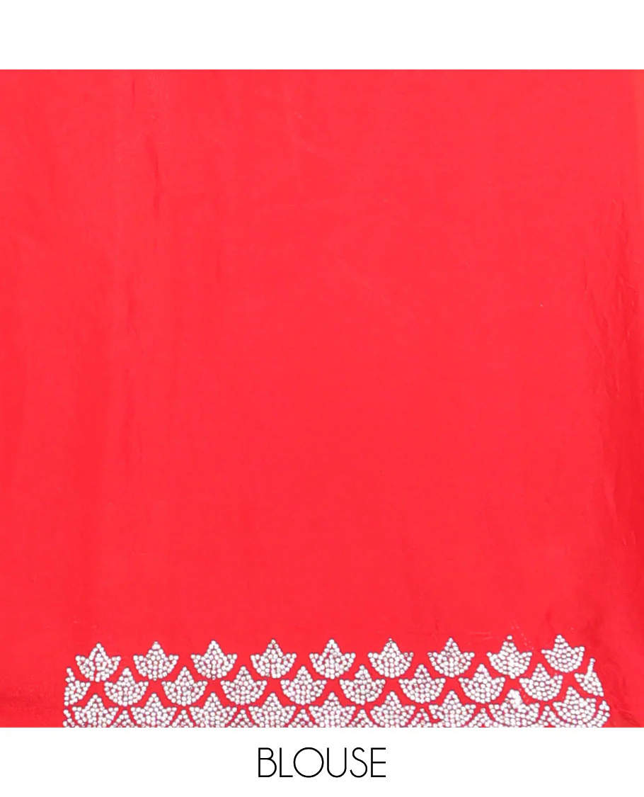 Red stone embroidered motifs designer saree, stone embroidered border - Image 3