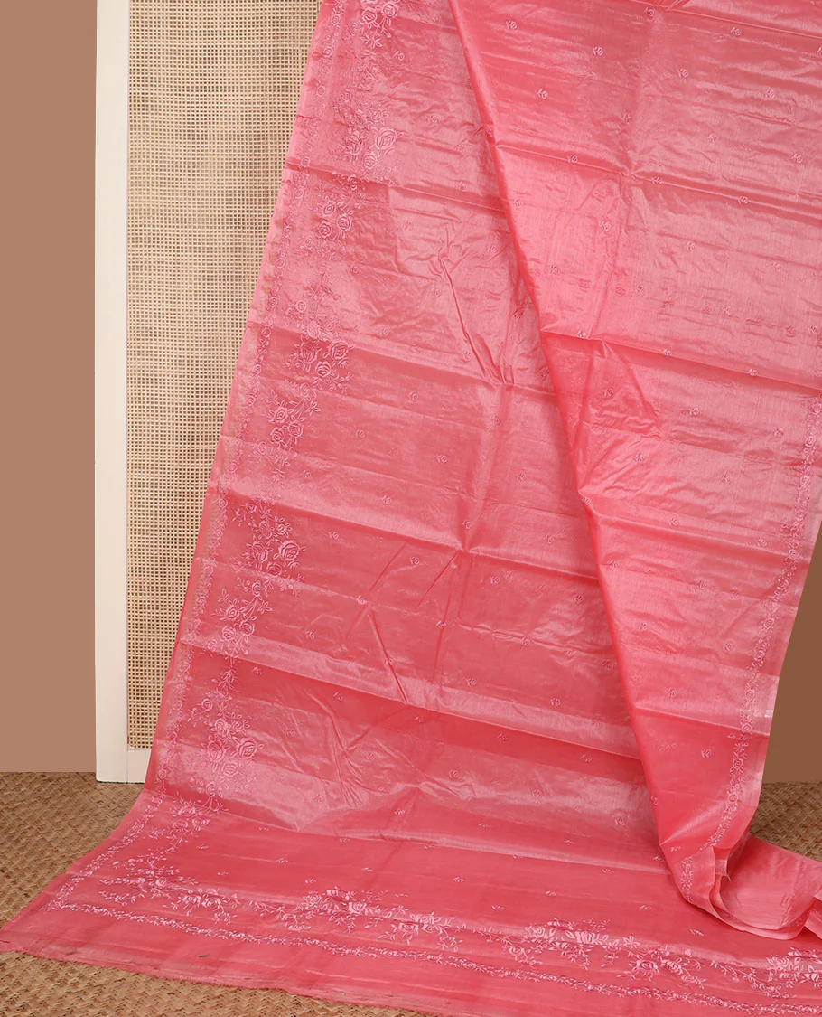 Pink floral motifs thread embroidered tussar saree, floral embroidered border - Image 2