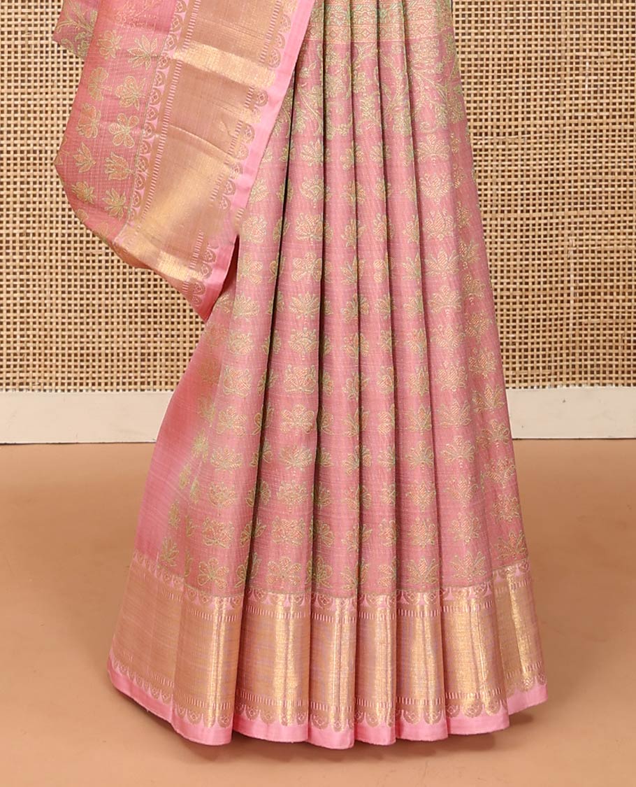 Pink floral motifs woven Kanchipuram designer saree, zari border, and zari-rich jaal pallu - Image 5