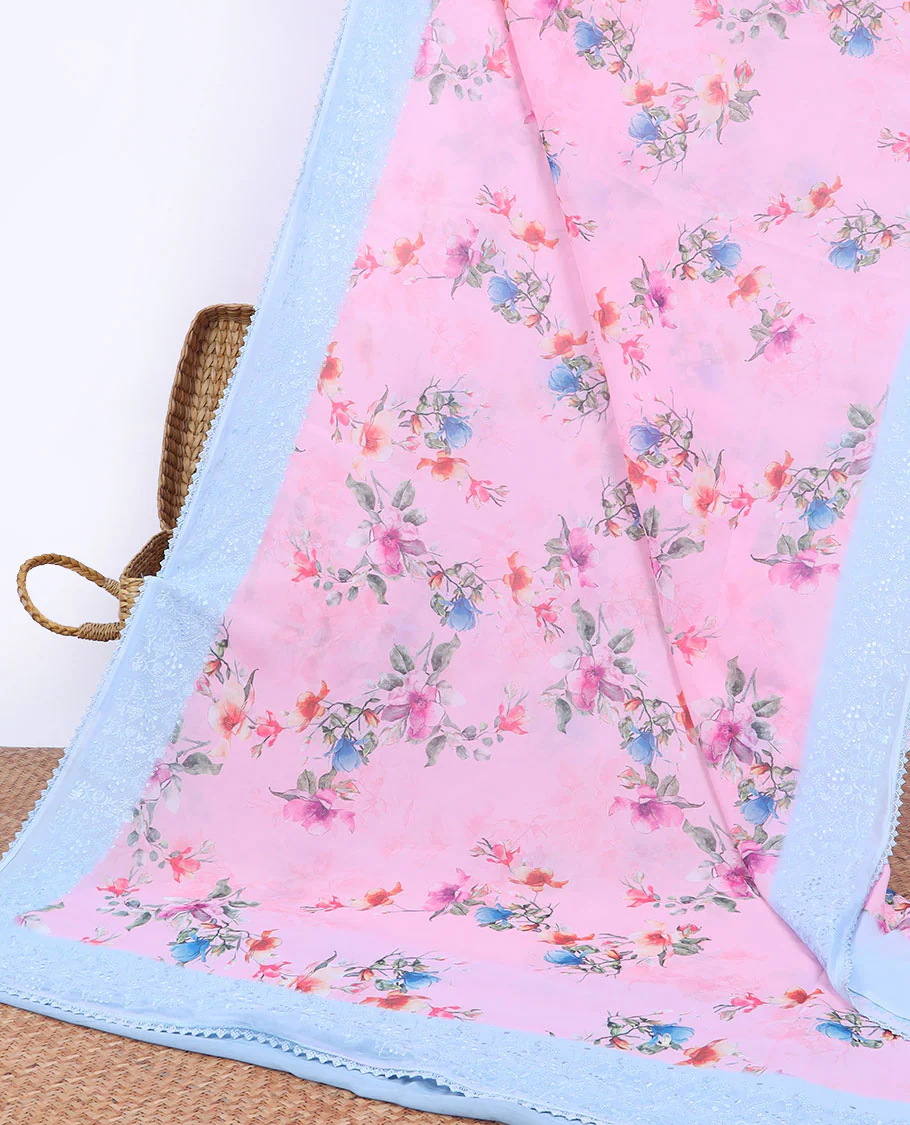 Pink floral printed semi-banaras tissue saree, contrast floral embroidered scallop border - Image 4