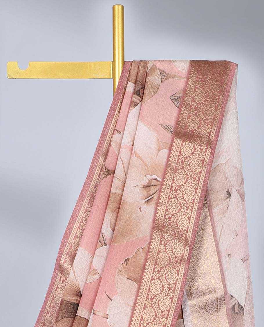 Pink floral printed semi-banaras tissue saree, contrast traditional zari design border - Image 2