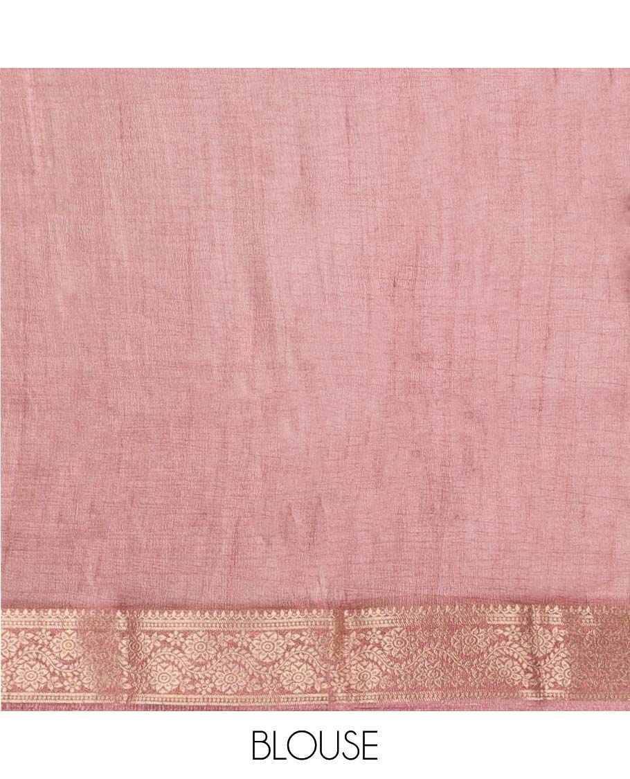 Pink floral printed semi-banaras tissue saree, contrast traditional zari design border - Image 4