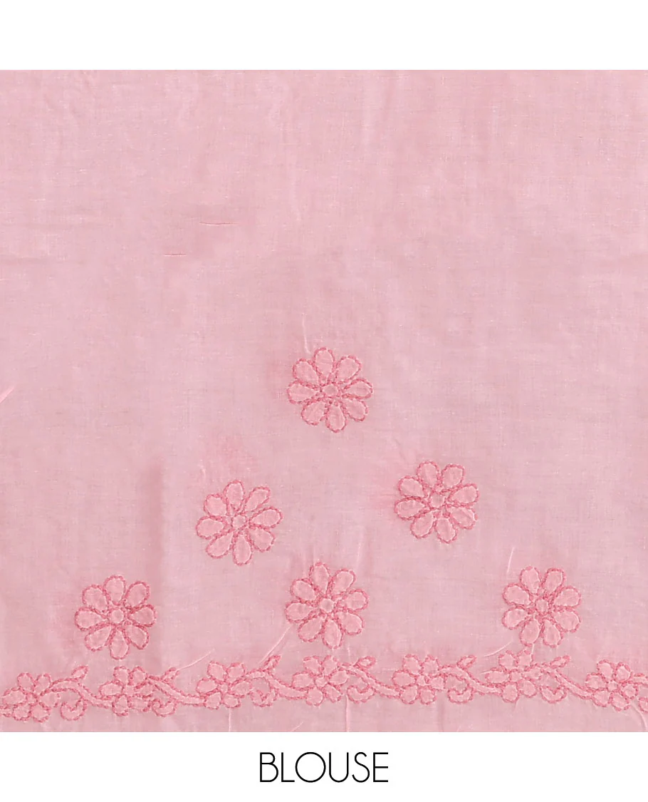 Pink floral thread embroidered buttas Lucknowi chikankari saree, floral creeper thread embroidered border, and floral embroidered pallu - Image 3