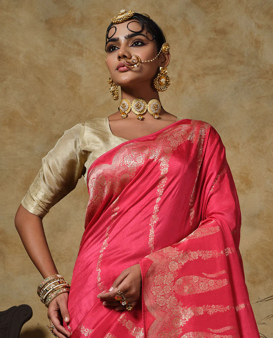 Pink floral vertical striped designer saree, scallop floral and big paisley design border, and zari woven pallu - Image 2