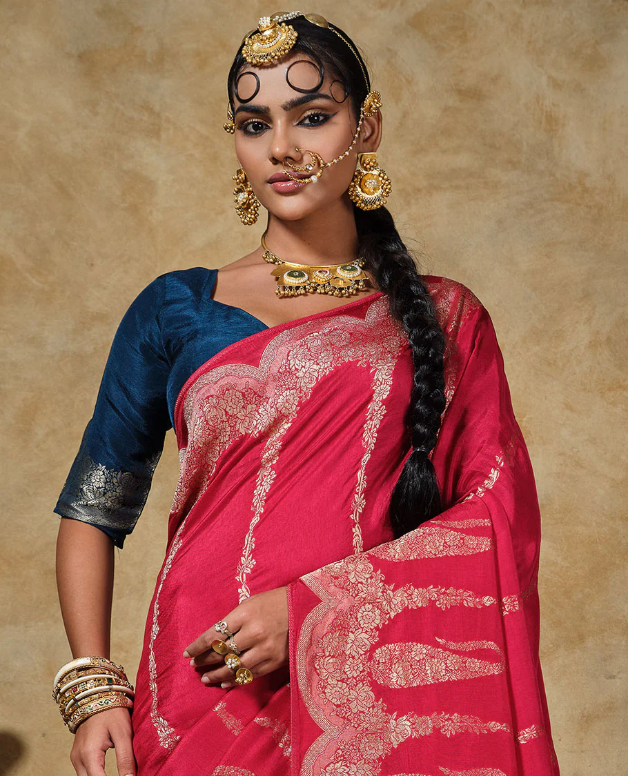 Pink floral vertical striped designer saree, scallop floral and big paisley design border, and zari woven pallu - Image 2