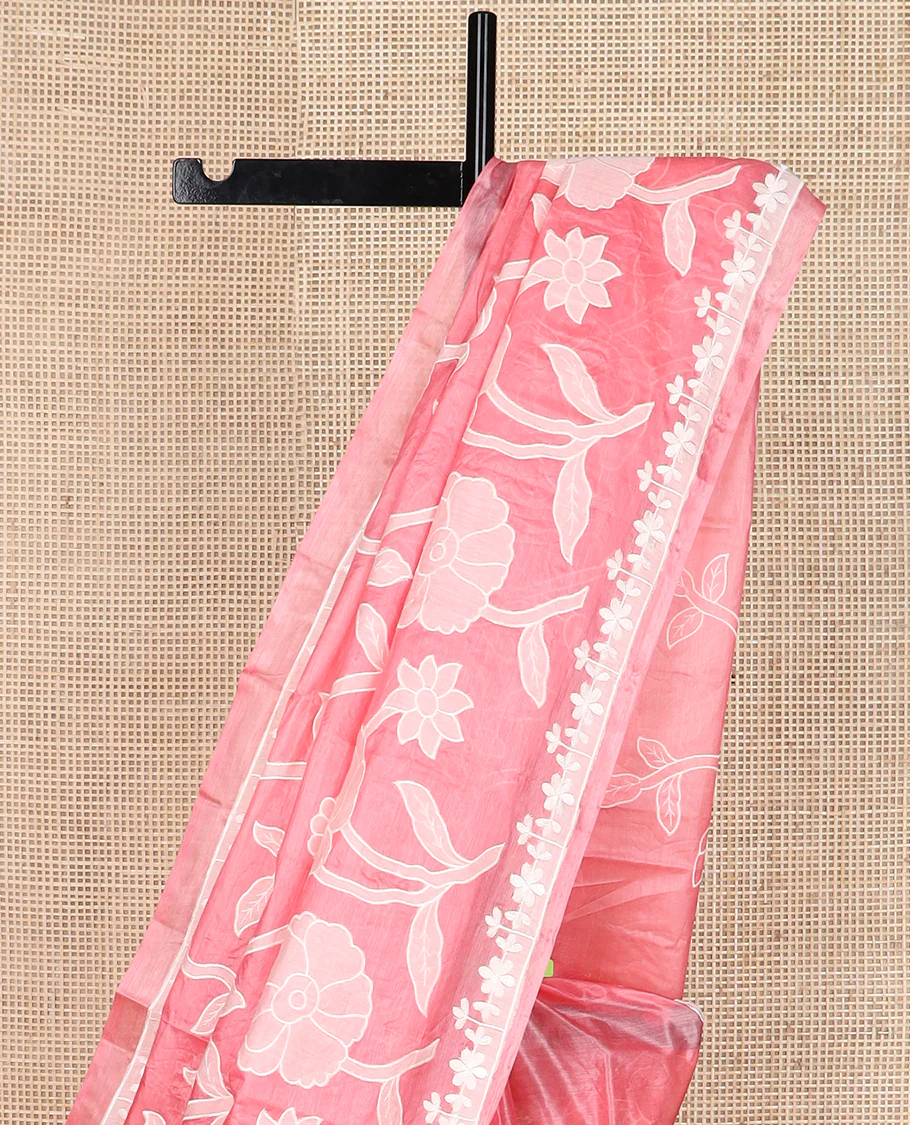 Pink floral vine design embroidered tussar saree, floral embroidered border - Image 3