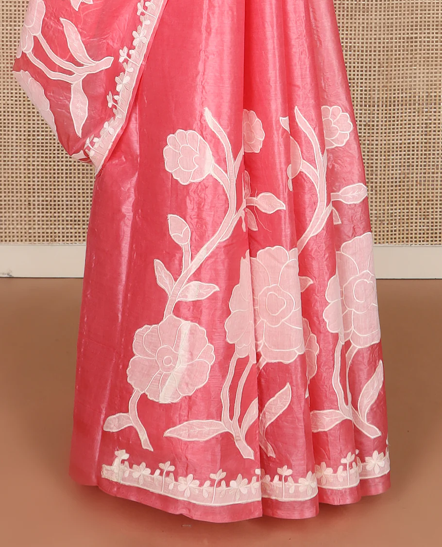 Pink floral vine design embroidered tussar saree, floral embroidered border - Image 4