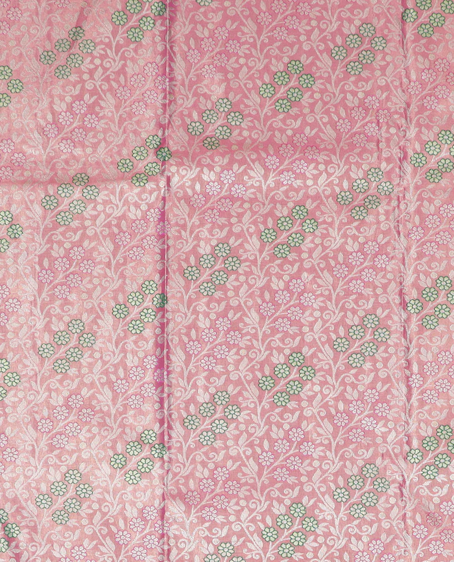 Pink floral vine jacquard art-silk half-saree, contrast jacquard blouse, and a floral design dhavani - Image 3