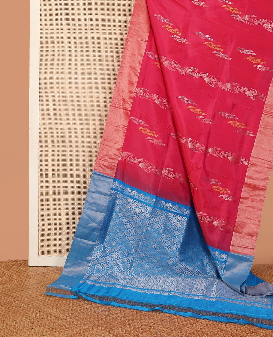 Pink floral zari buttas Uppada saree, bavanji border, and contrast jaal patterned pallu - Image 2