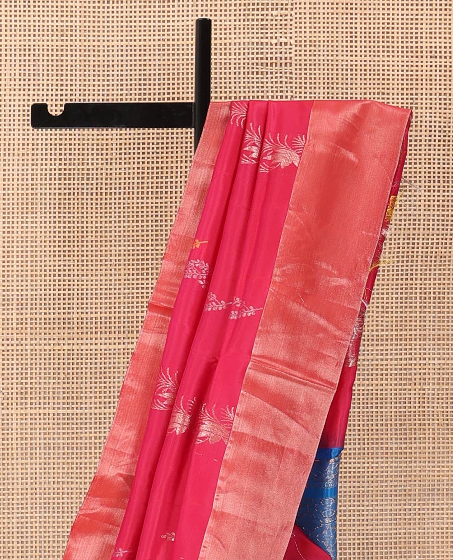 Pink floral zari buttas Uppada saree, bavanji border, and contrast jaal patterned pallu - Image 3