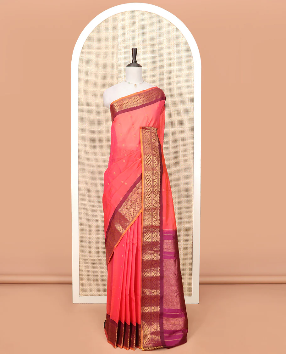 Pink Gadwal Saree Bedecked with Zari Buttas, Contrast Border Steeped with Traditional Zari Designs, Pallu of Jaal Design, and a Contrast Blouse Highlighted with Zari Border - Image 3