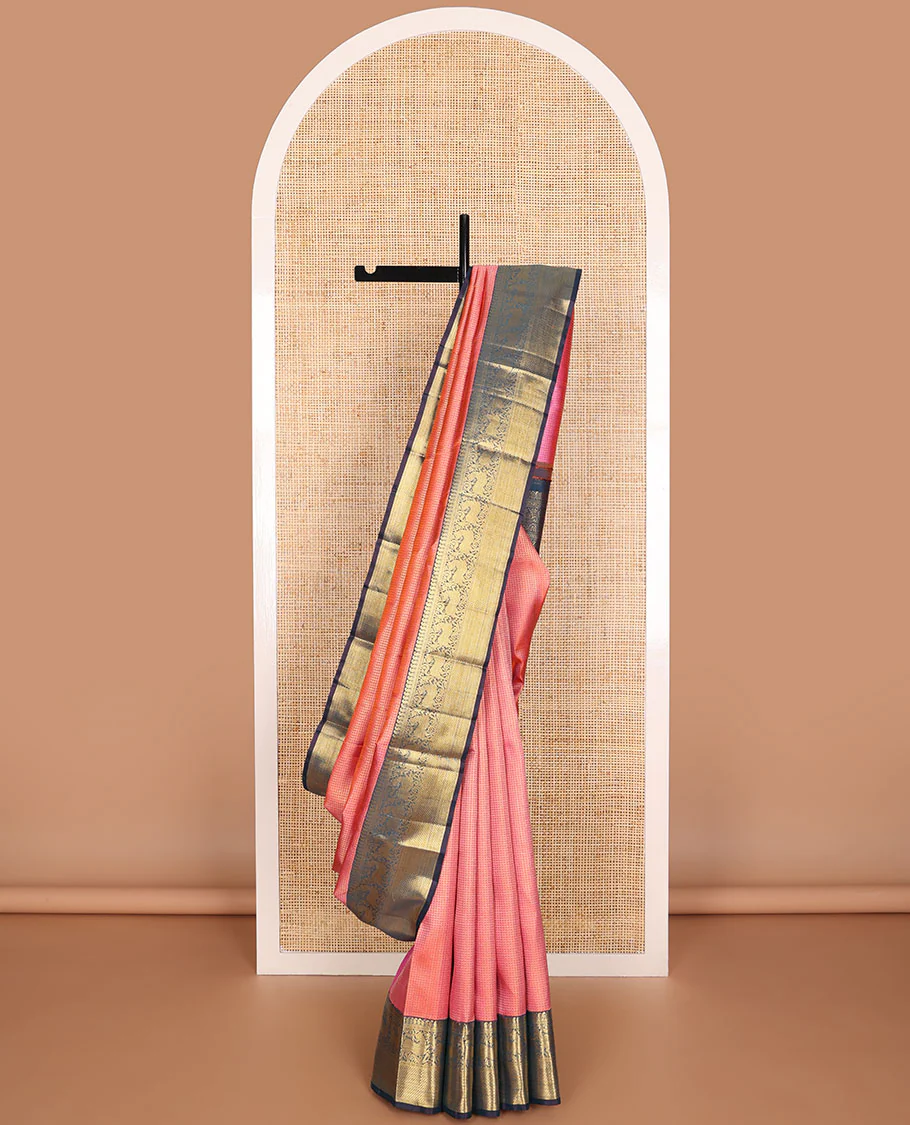 Pink geometric design Samudrika silk saree with contrast border of manga, muthu, banaras, kuyil kann design & floral pallu