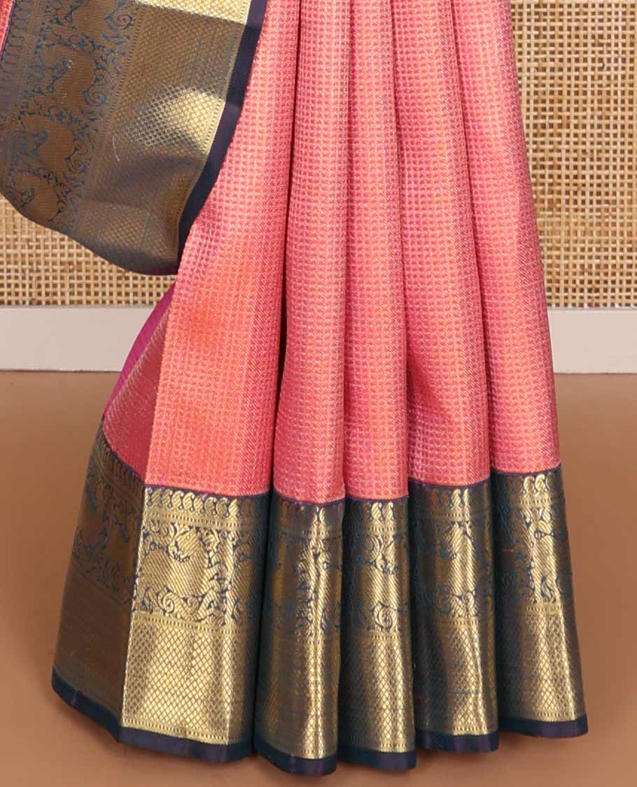 Pink geometric design Samudrika silk saree with contrast border of manga, muthu, banaras, kuyil kann design & floral pallu - Image 5