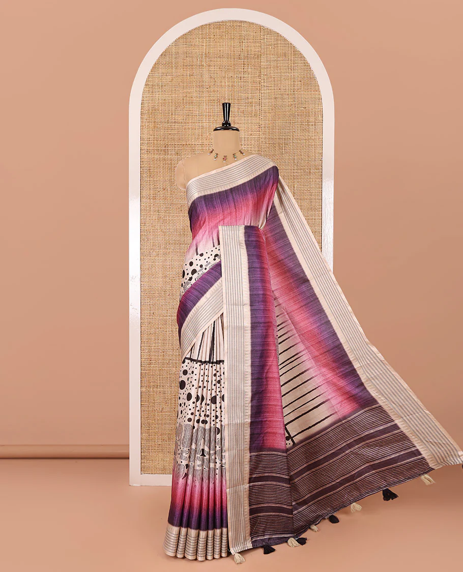 Pink geometric patterns and polka dots printed semi-tussar saree, contrast horizontal striped zari border, striped pallu, and a contrast blouse