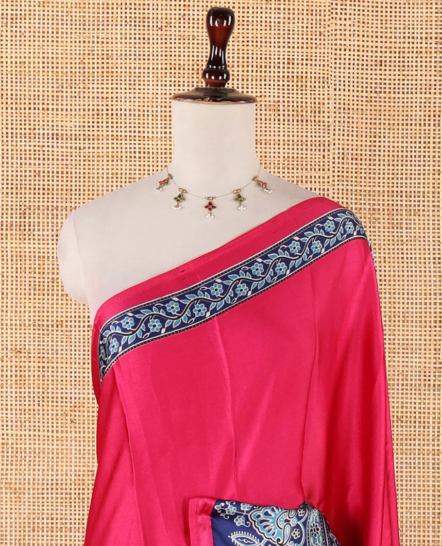 Pink half-plain & half-printed gajji silk saree, contrast blue border & pallu of ajrakh-print with printed blouse - Image 3