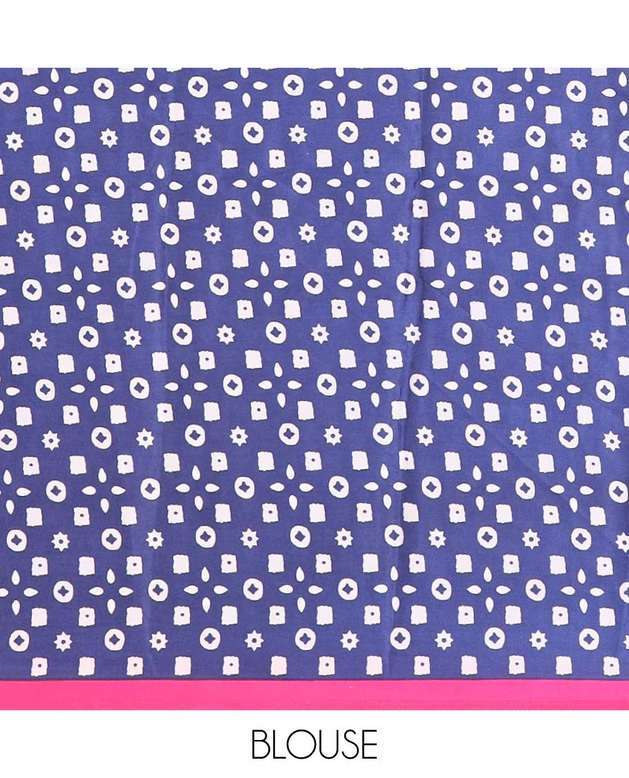 Pink half-plain & half-printed gajji silk saree, contrast blue border & pallu of ajrakh-print with printed blouse - Image 4