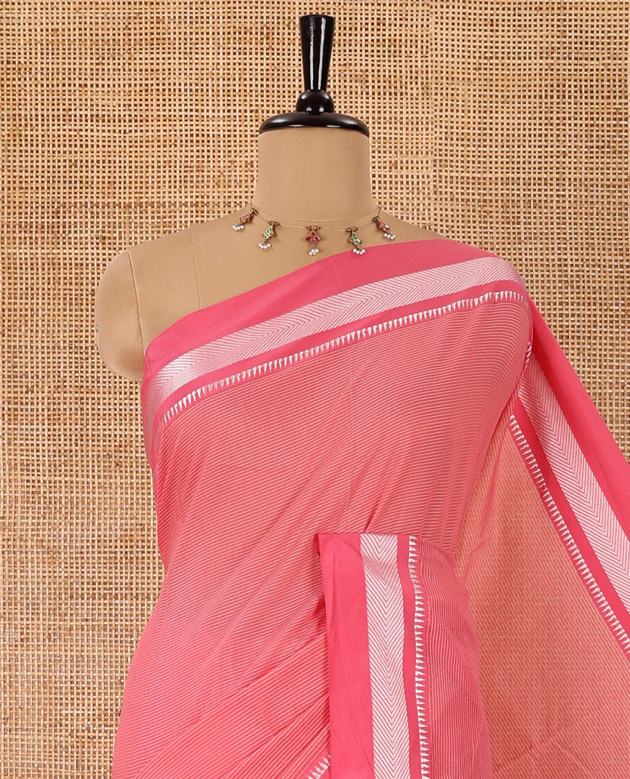 Pink horizontal striped mercerised cotton saree, thread woven temple border, striped pallu, and a matching blouse - Image 2