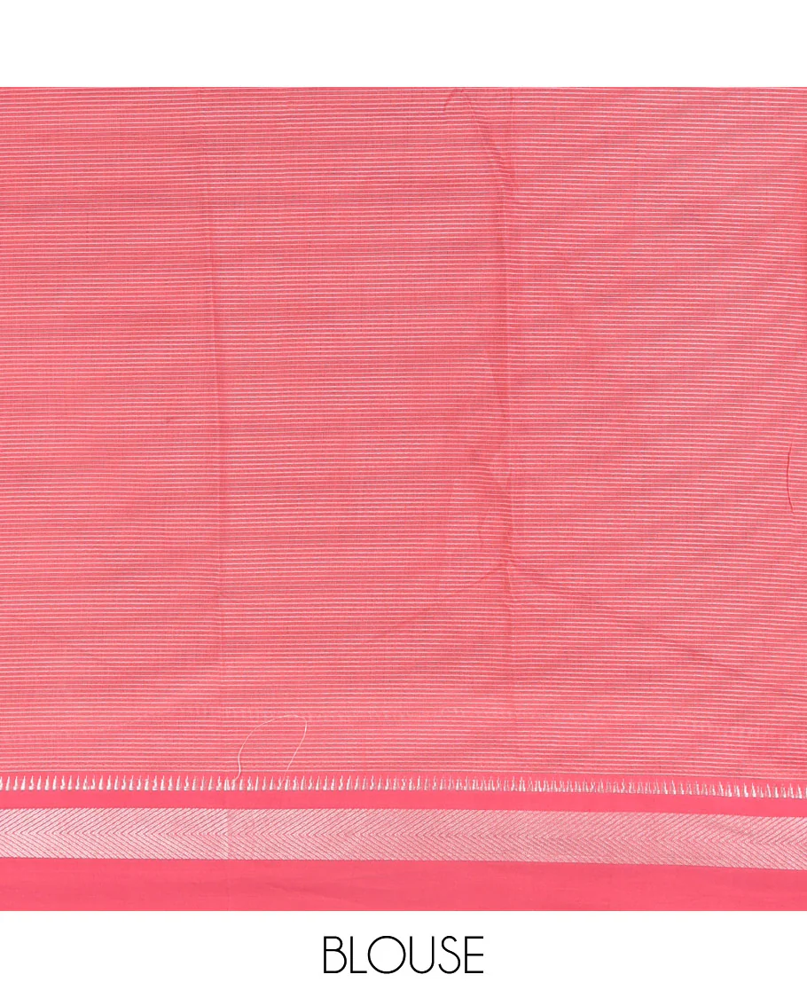 Pink horizontal striped mercerised cotton saree, thread woven temple border, striped pallu, and a matching blouse - Image 3