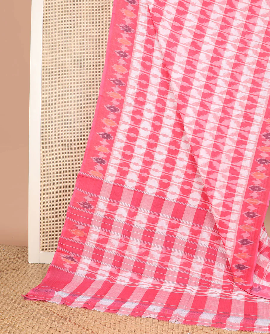 Pink Ikkat Cotton Saree Artfully Detailed with Geometric Patterns in Hazily Ikkat Weave, Complemented by a Contrast Ikkat Border, and Pallu of Ikkat Patterns - Image 2