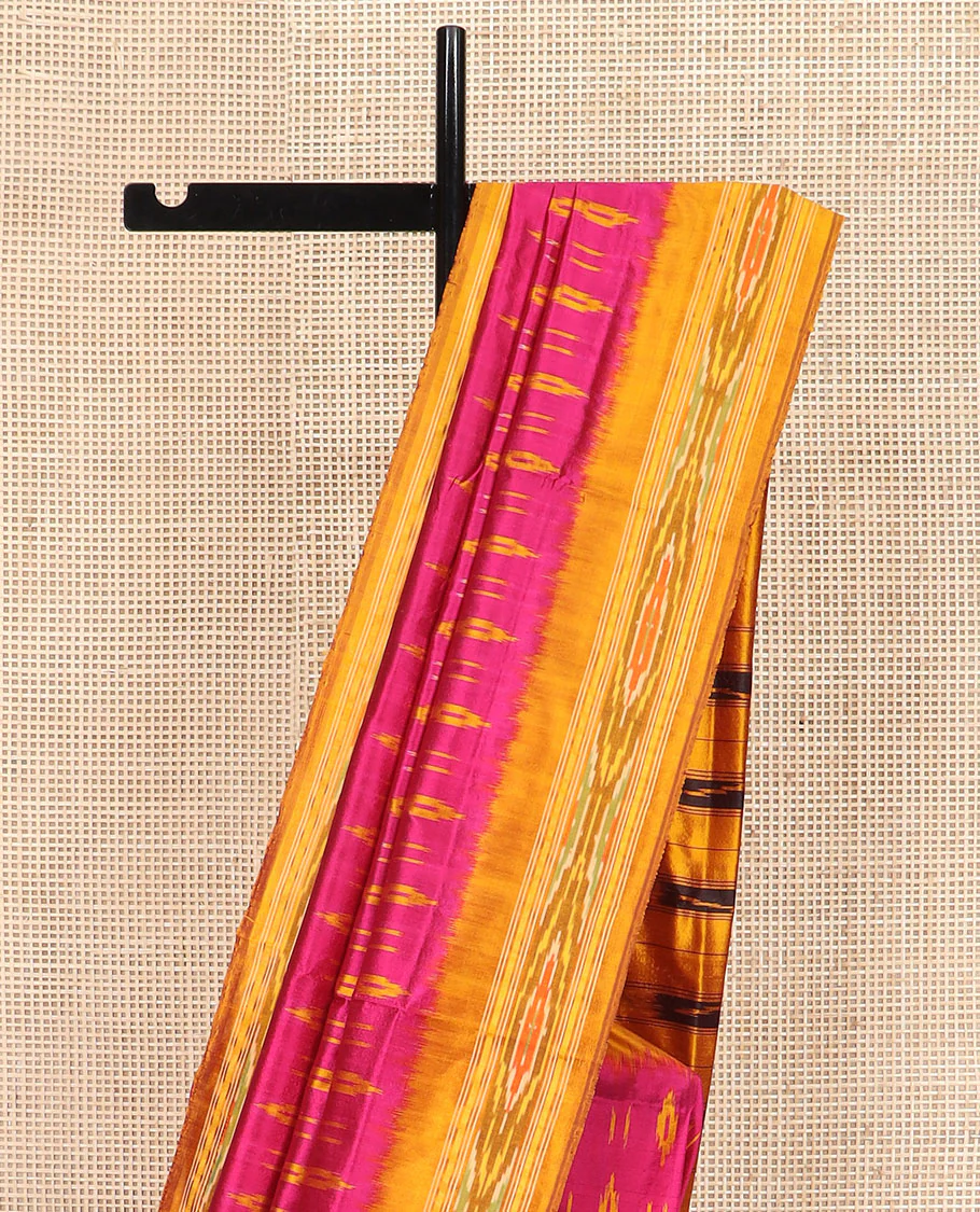 Pink Ikkat Silk Saree Elevated with Ikkat Buttas, Featuring a Contrast Ikkat Textured Border and a Pallu Mirroring Stripes and Ikkat-Texture - Image 3