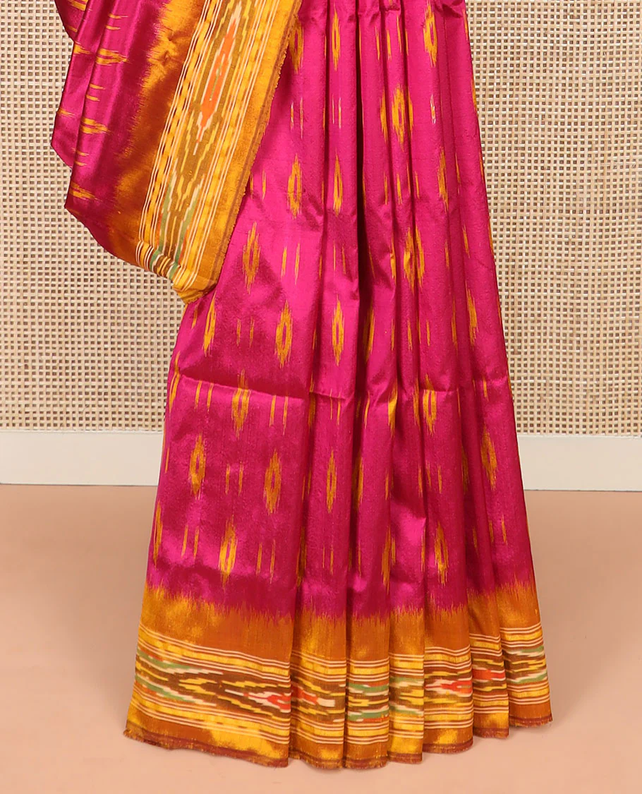 Pink Ikkat Silk Saree Elevated with Ikkat Buttas, Featuring a Contrast Ikkat Textured Border and a Pallu Mirroring Stripes and Ikkat-Texture - Image 4