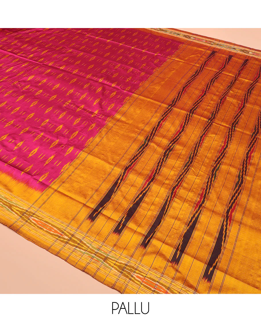 Pink Ikkat Silk Saree Elevated with Ikkat Buttas, Featuring a Contrast Ikkat Textured Border and a Pallu Mirroring Stripes and Ikkat-Texture - Image 5