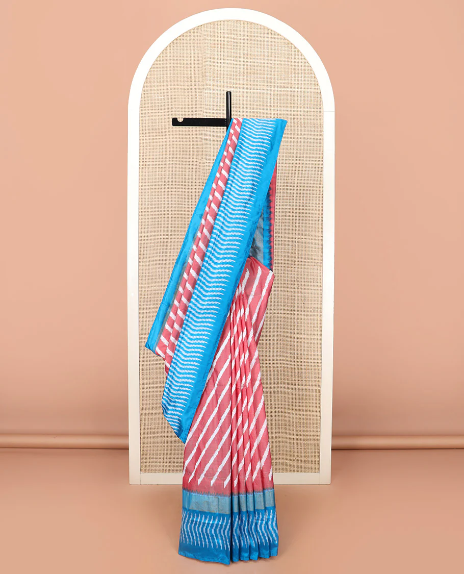 Pink Ikkat Silk Saree Features Lehariya Stripes in Ikkat Weave, Complemented by a Contrast Ikkat Textured Border, Subtly Woven Pallu of Jaal Design, and a Contrast Plain Blouse - Image 2