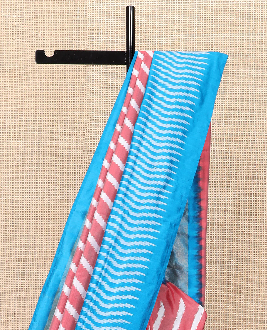 Pink Ikkat Silk Saree Features Lehariya Stripes in Ikkat Weave, Complemented by a Contrast Ikkat Textured Border, Subtly Woven Pallu of Jaal Design, and a Contrast Plain Blouse - Image 3