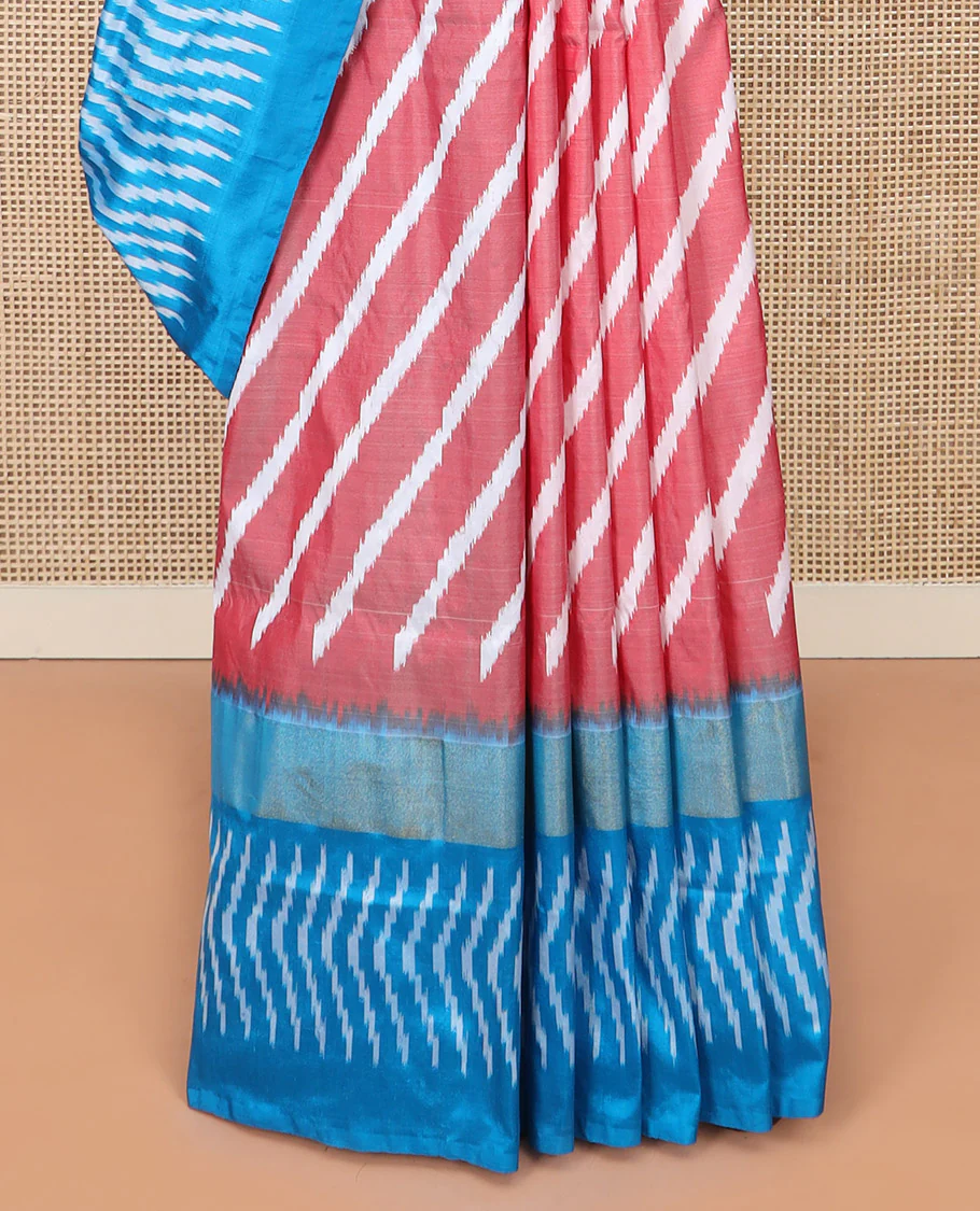 Pink Ikkat Silk Saree Features Lehariya Stripes in Ikkat Weave, Complemented by a Contrast Ikkat Textured Border, Subtly Woven Pallu of Jaal Design, and a Contrast Plain Blouse - Image 4