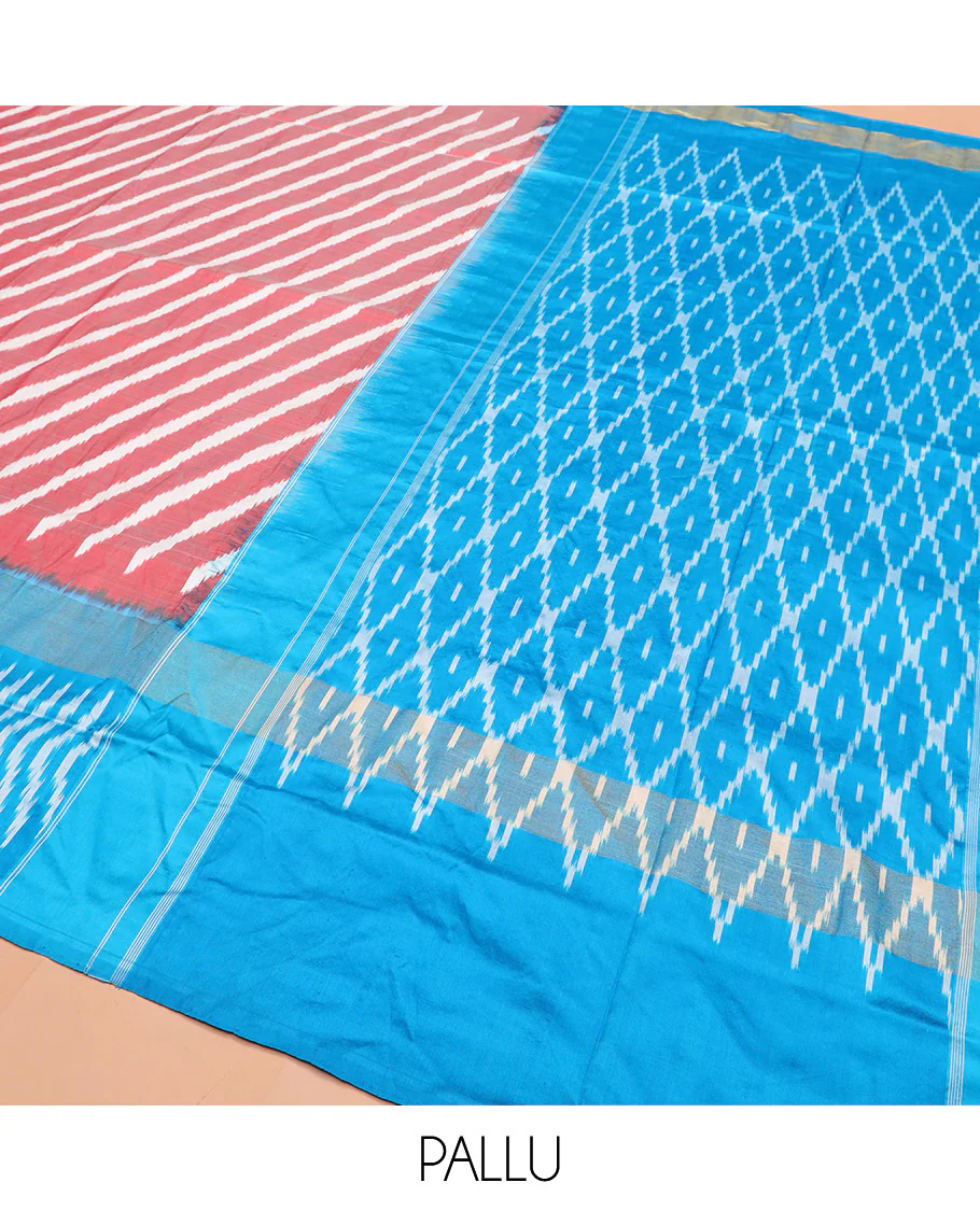 Pink Ikkat Silk Saree Features Lehariya Stripes in Ikkat Weave, Complemented by a Contrast Ikkat Textured Border, Subtly Woven Pallu of Jaal Design, and a Contrast Plain Blouse - Image 5