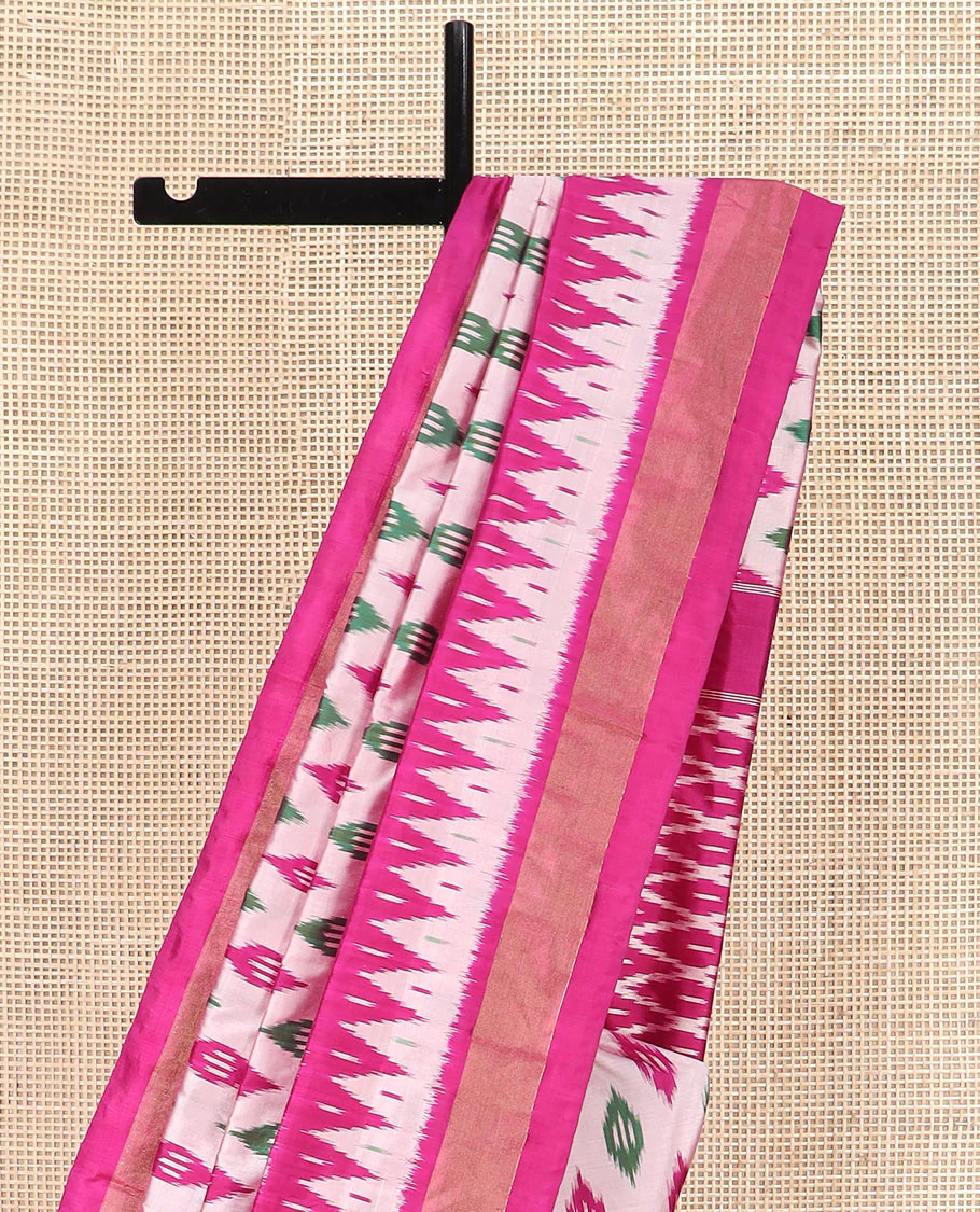 Pink Ikkat Silk Saree Highlighted with Diamond-Shaped Ikkat Buttas, Featuring a Contrast Ikkat Temple Border and a Pallu Showcasing an Ikkat-Textured Jaal Design, Paired with a Contrast Blouse - Image 3